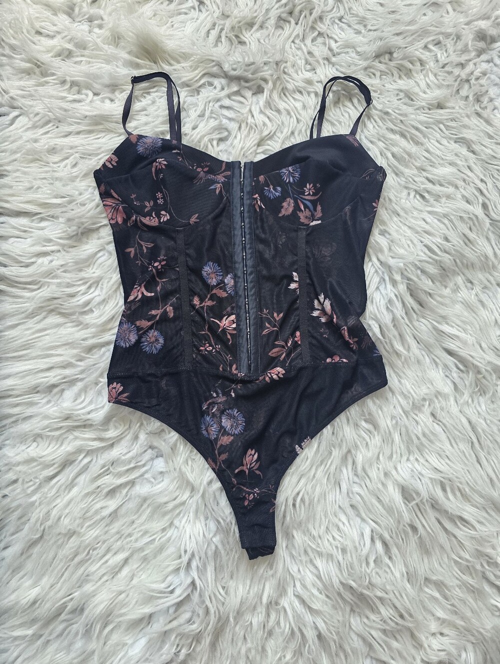 Free People Black Floral Zip-Front Lace Bodysuit